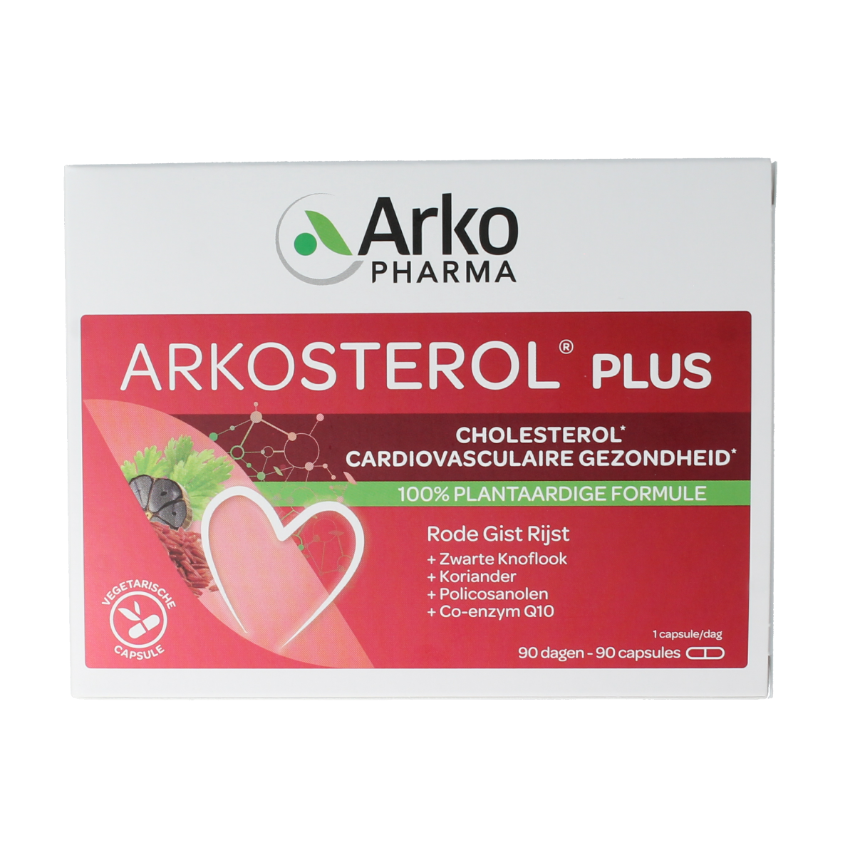 Arkosterol Plus herbal supplement capsules in a bottle, natural kruidenpreparaten product by Arkosterol.
