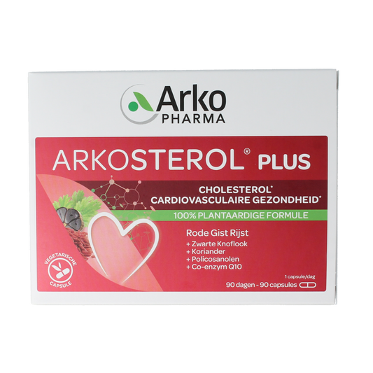 Arkosterol Plus herbal supplement capsules in a bottle, natural kruidenpreparaten product by Arkosterol.