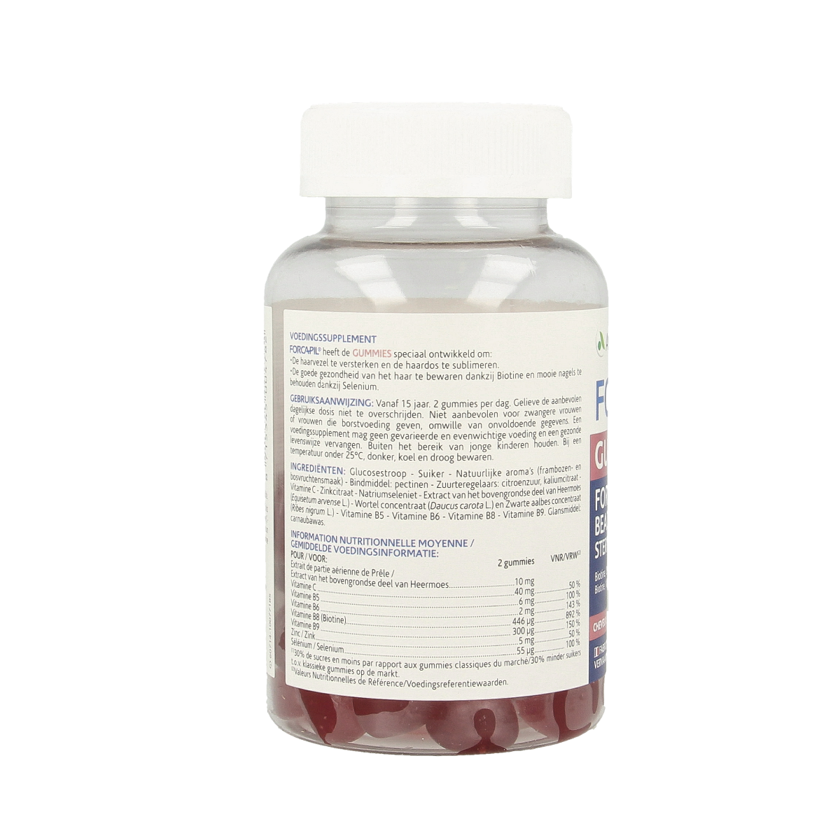 Forcapil Haar en Nagel Gummies, multivitamin supplement for hair and nails in a bottle of 60 gummies, natural ingredients.