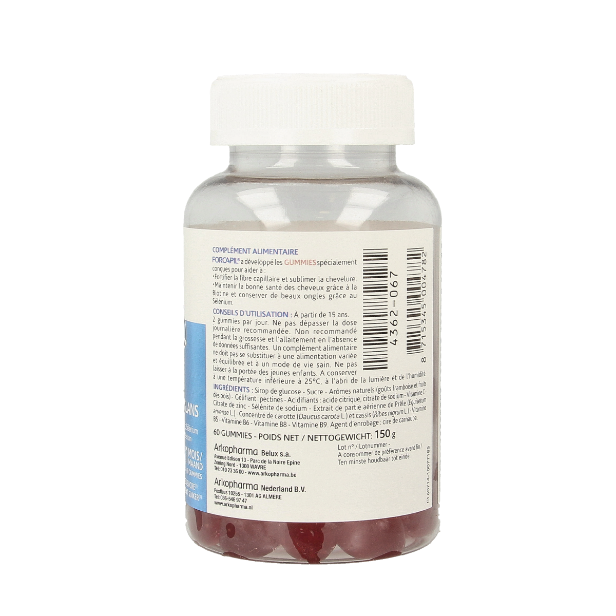 Forcapil Haar en Nagel 60 Gummies vitamin supplement for hair and nails, featuring colorful gummy vitamins in a clear jar.