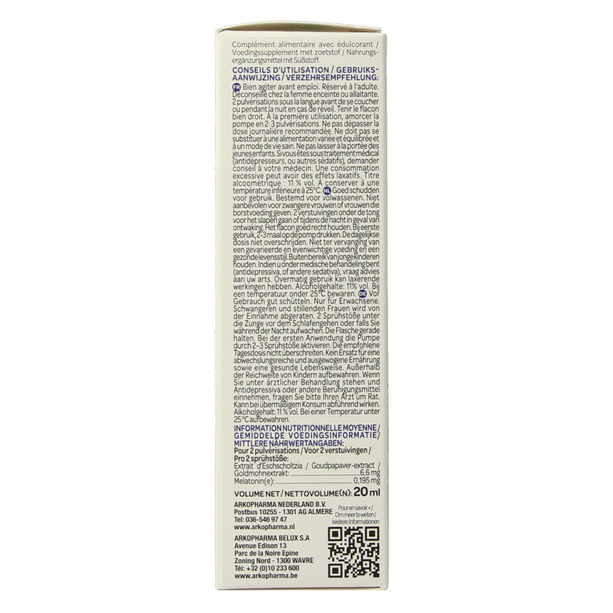 Arkorelax Slaap flash herbal remedy in 20ml bottle, featuring natural ingredients for sleep support, by Arkorelax.