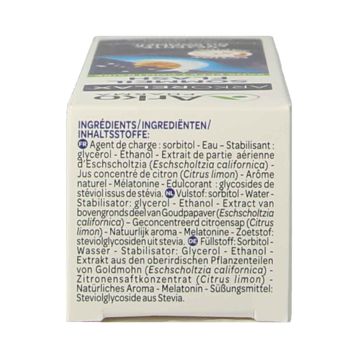 Arkorelax Slaap flash herbal supplement bottle with 20ml liquid, featuring herbal ingredients in a clear packaging.