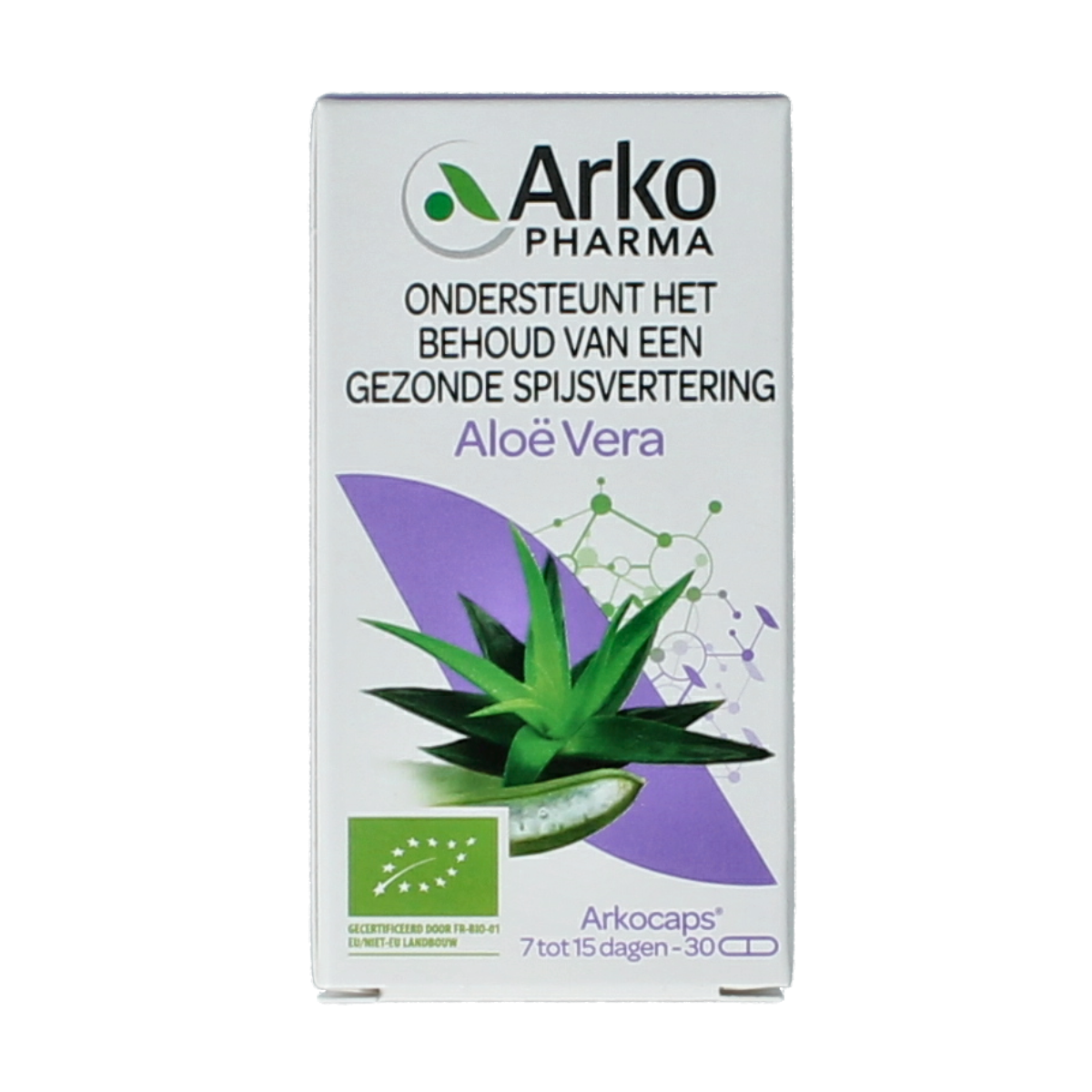 Arkocaps Aloe Vera Bio capsules in a bottle, herbal supplement packaging for natural health and wellness.
