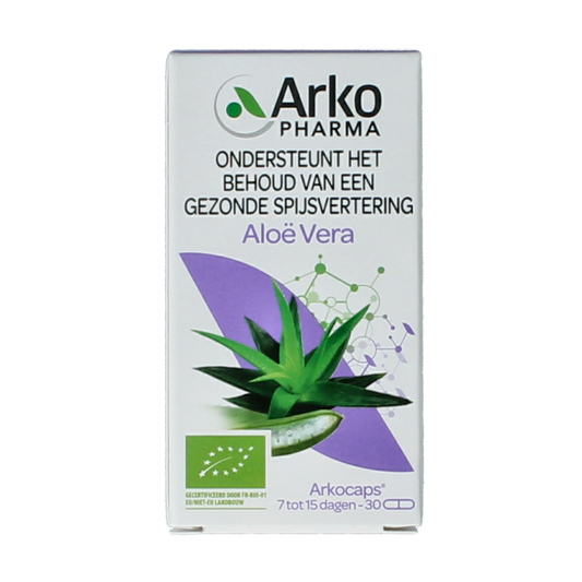 Arkocaps Aloe Vera Bio capsules in a bottle, herbal supplement packaging for natural health and wellness.