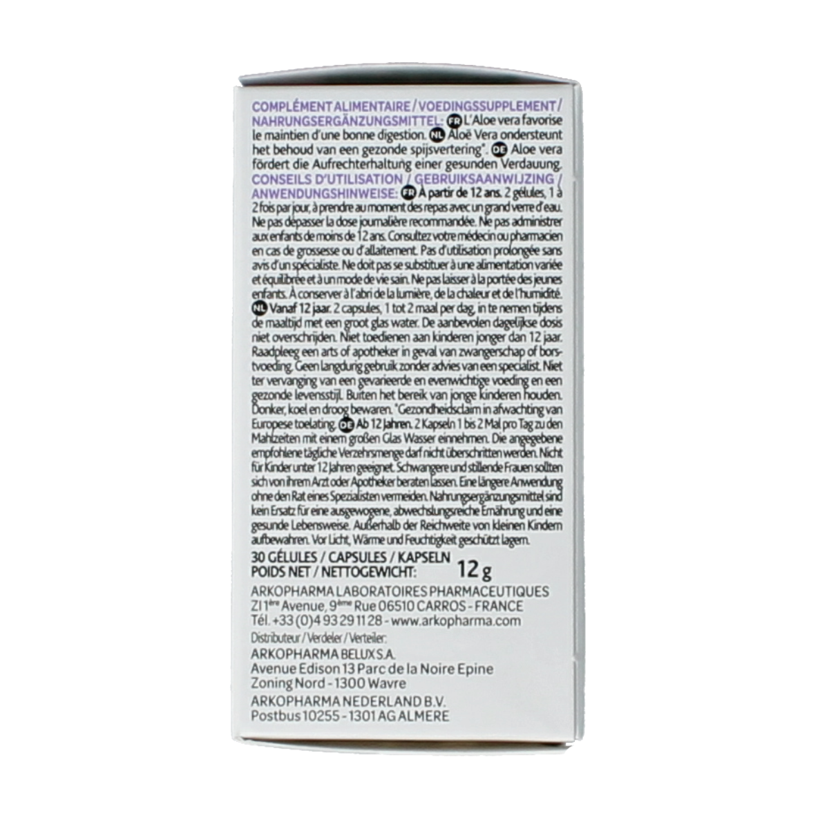 Arkocaps Aloe Vera bio capsules in a container, showing 30 capsules, natural herbal supplement by Arkocaps.