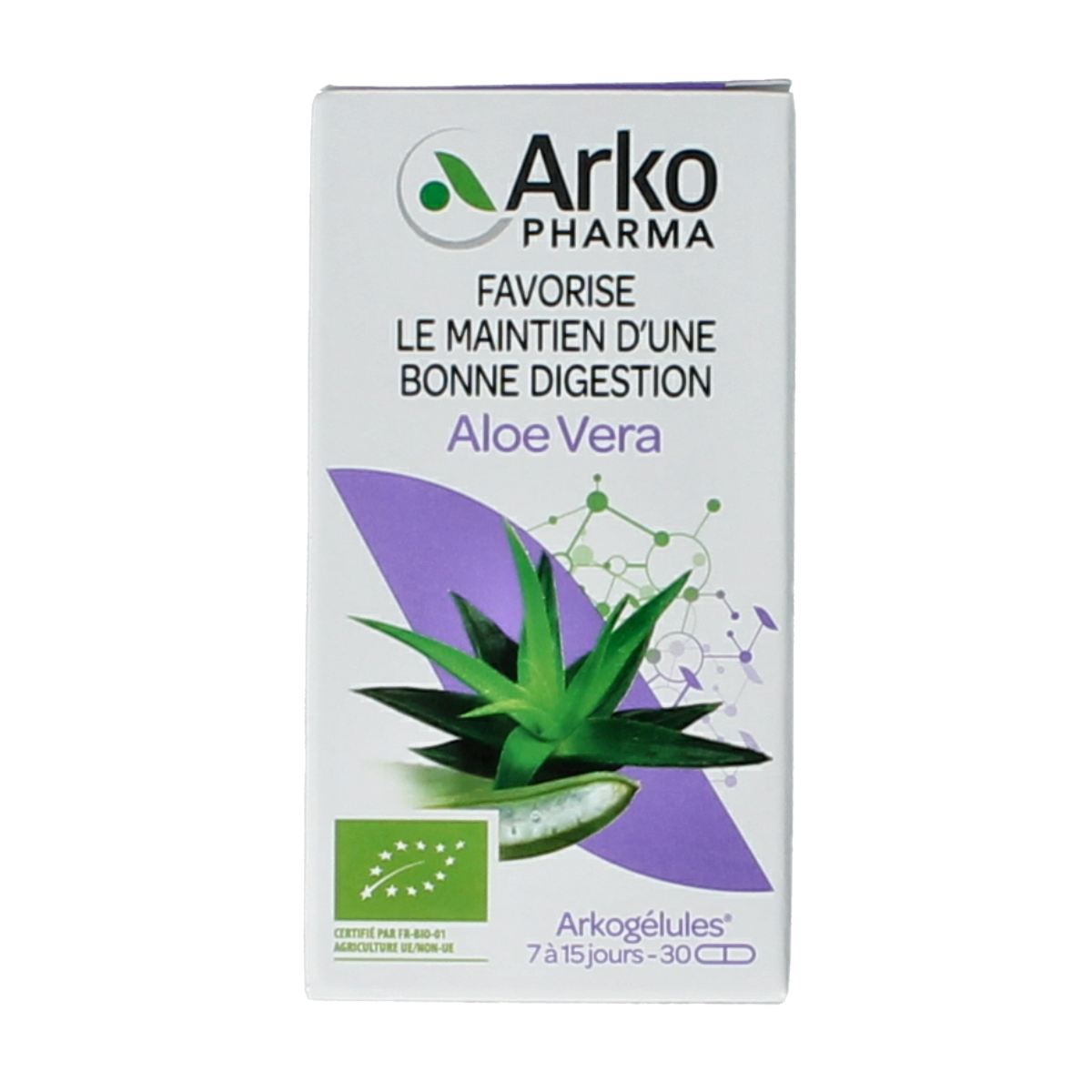 Arkocaps Aloe Vera bio capsules, herbal supplement in a clear bottle with a white cap, featuring 30 capsules inside.