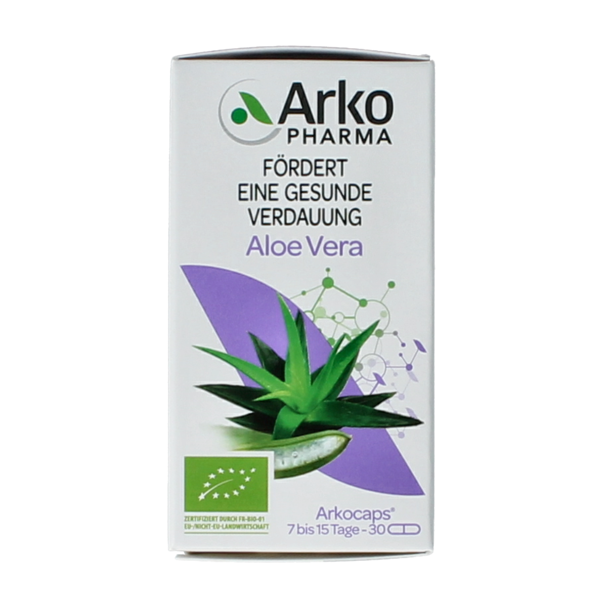 Arkocaps Aloe Vera bio capsules, natural herbal supplement in a clear bottle with 30 capsules displayed.