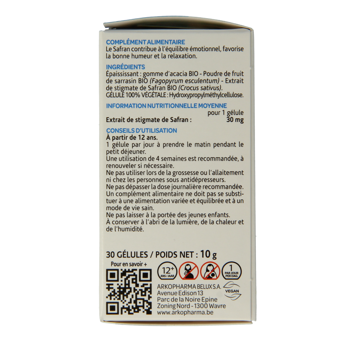 Arkocaps Saffraan bio capsules in a blister pack, herbal supplement for wellness, produced by Arkocaps.