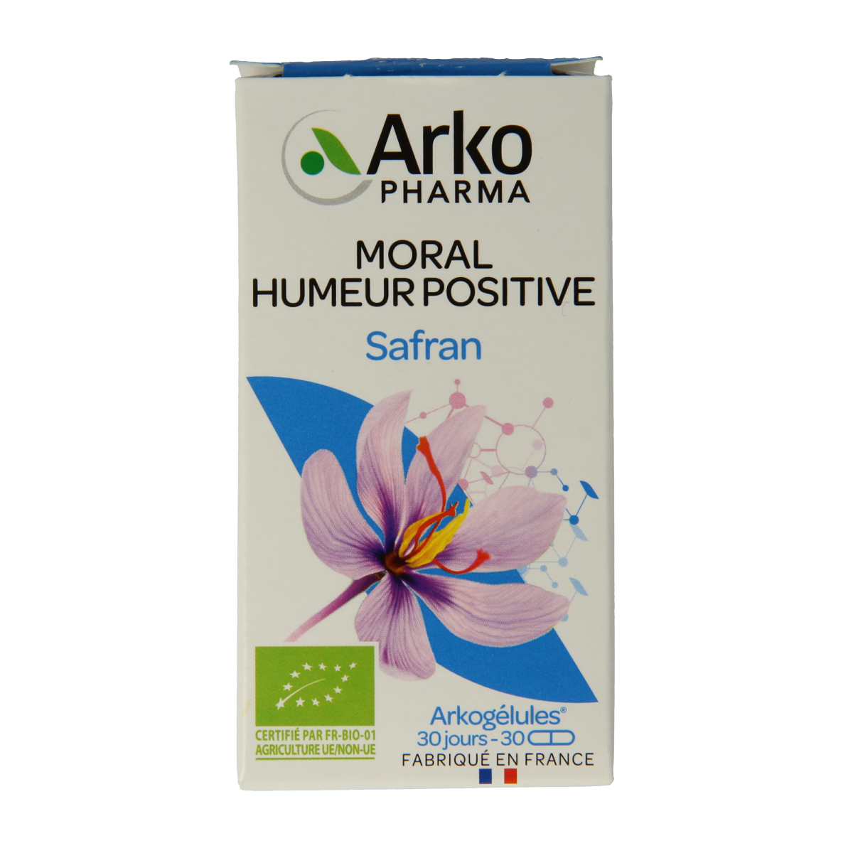 Arkocaps Saffraan bio herbal capsules in a blister pack, showing 30 capsules of Arkocaps brand saffron supplement.