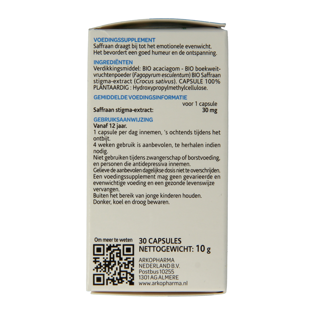 Arkocaps Saffraan bio capsules, herbal supplement in a clear container with 30 capsules, showing the packaging and capsules inside.