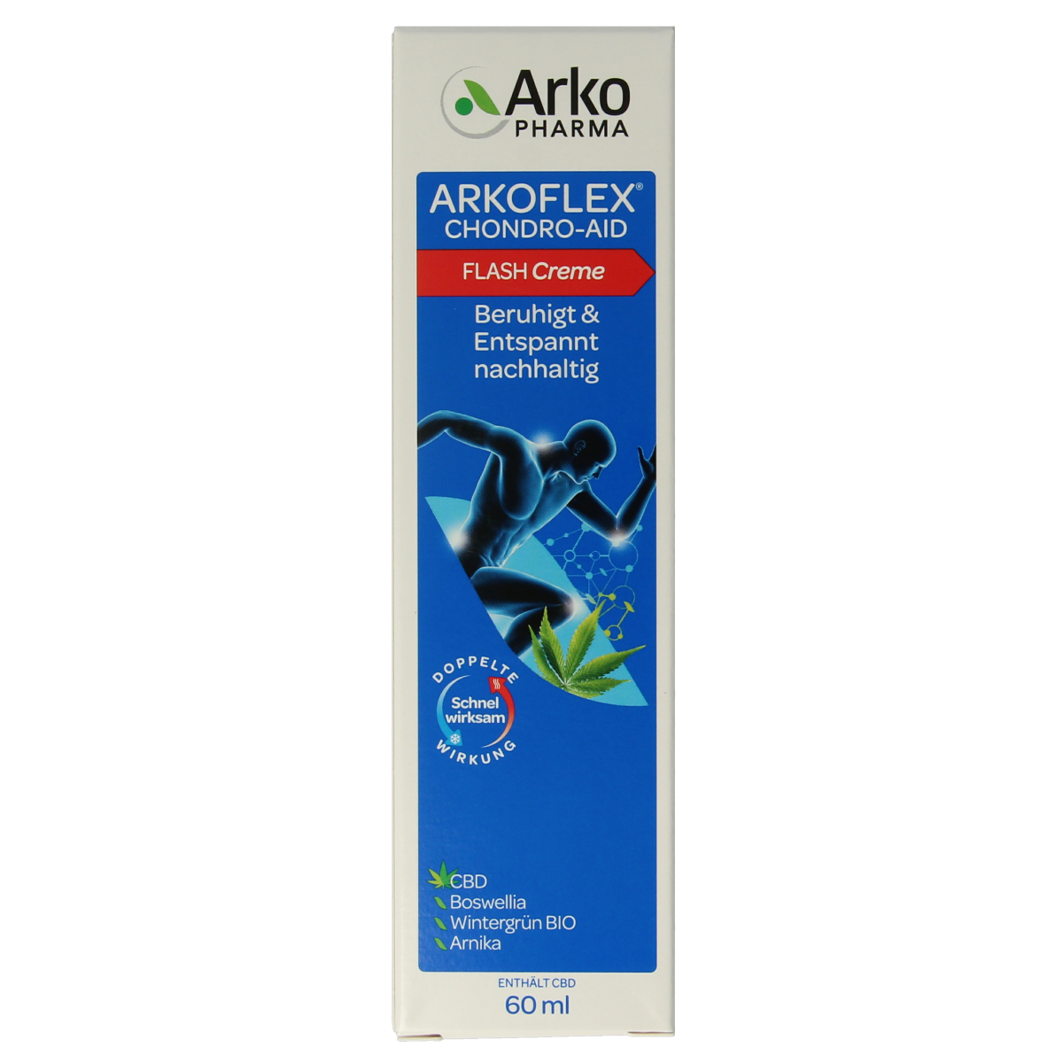 Arkoflex Flash creme 60ml body care product in a white tube with blue and orange accents, designed for skin nourishment.