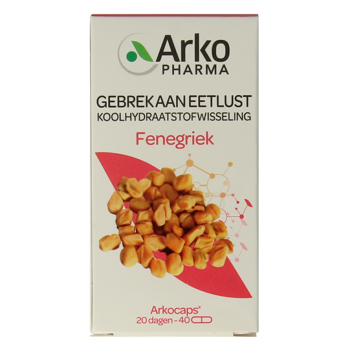 Arkocaps Fenegriek capsules, herbal supplement by Arkocaps, shown in a close-up image of the capsule bottle and capsules.