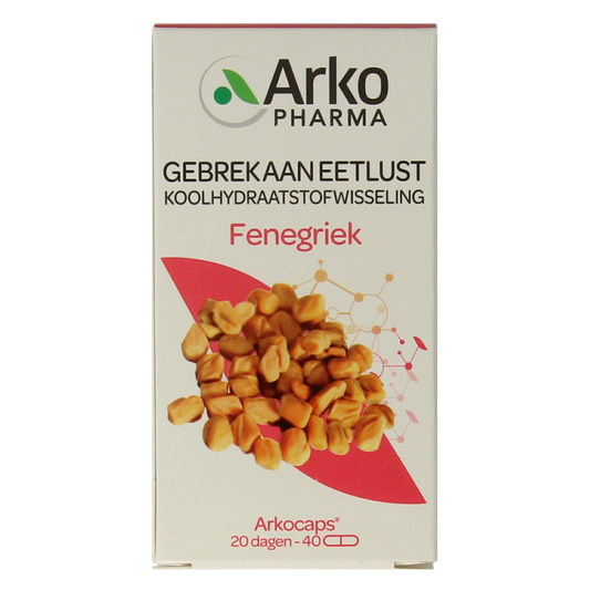 Arkocaps Fenegriek capsules, herbal supplement by Arkocaps, shown in a close-up image of the capsule bottle and capsules.