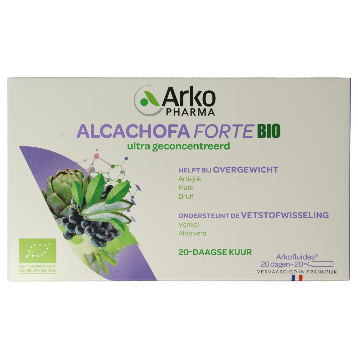Arkofluids Alcachofa Forte bio herbal supplement in 20 ampoules, featuring fresh artichoke extract for natural wellness.