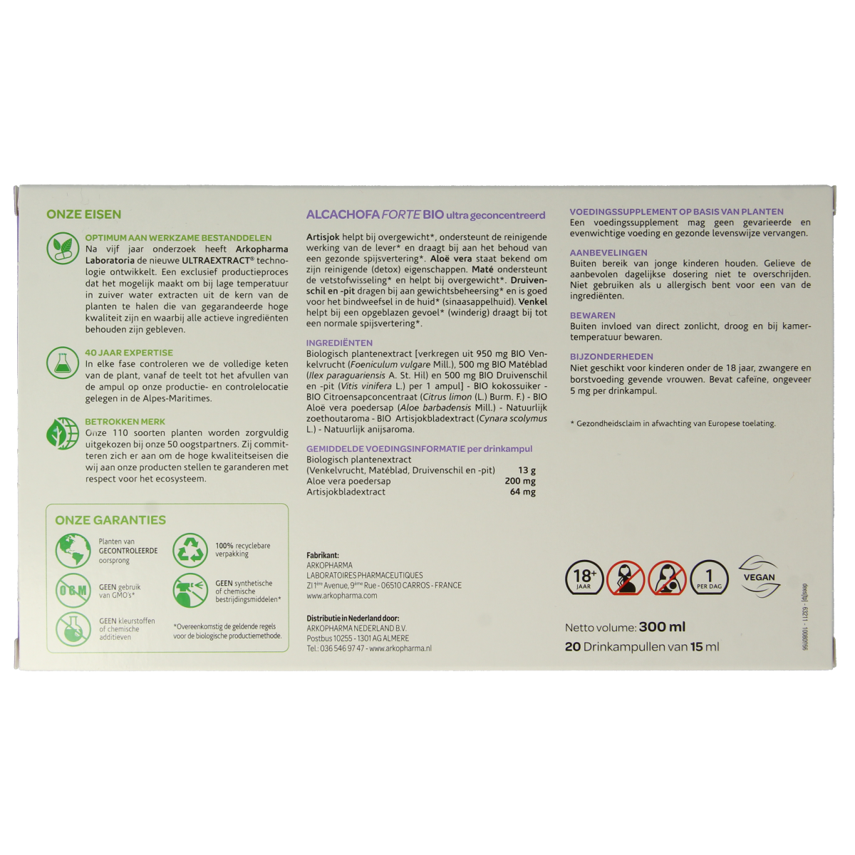 Arkofluids Alcachofa Forte bio herbal supplement in a box with 20 ampoules, featuring fresh green herbal packaging.