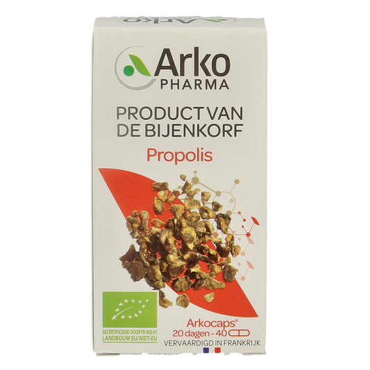 Arkocaps Propolis bio capsules in a clear bottle, featuring a label with green and gold accents, highlighting natural health benefits.