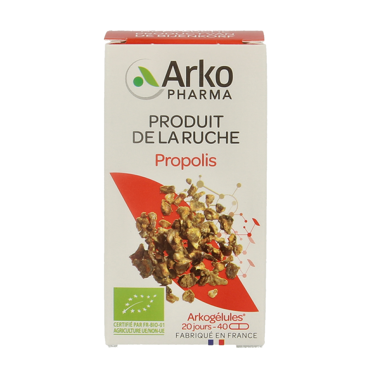 Arkocaps Propolis bio capsules featuring natural bee propolis supplement in a clear bottle, with capsules visible inside.
