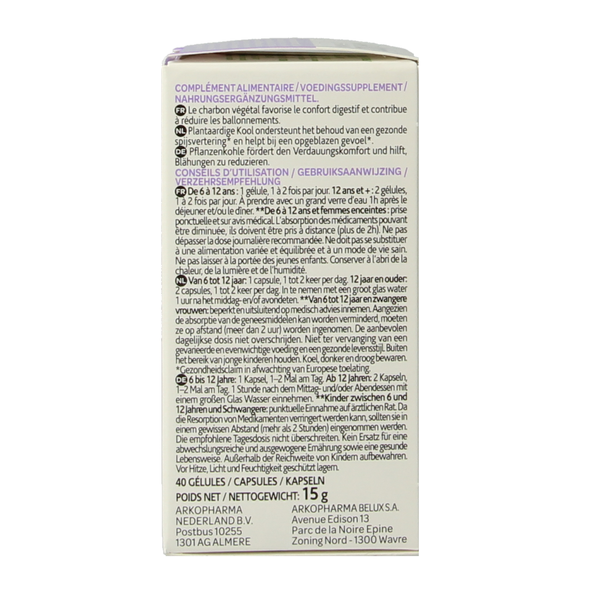 Arkocaps Plantaardige Kool Bio capsules in a container, herbal supplement for digestive health, natural plant-based ingredients.