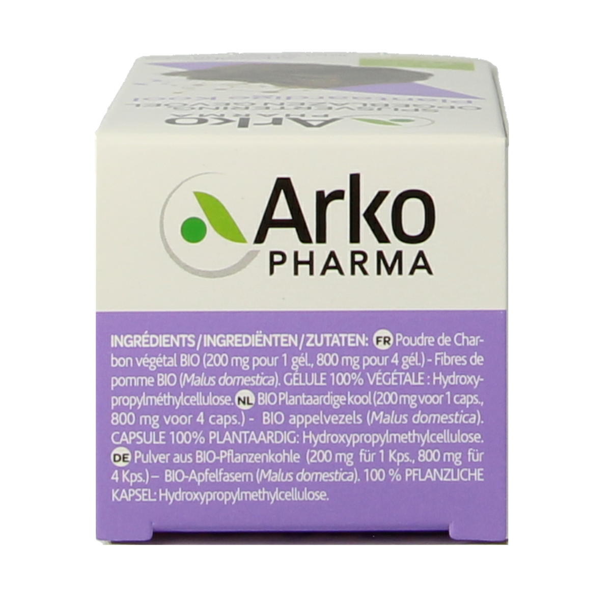 Arkocaps Plantaardige Kool bio capsules, herbal supplement in a clear bottle with label, designed for natural health support.
