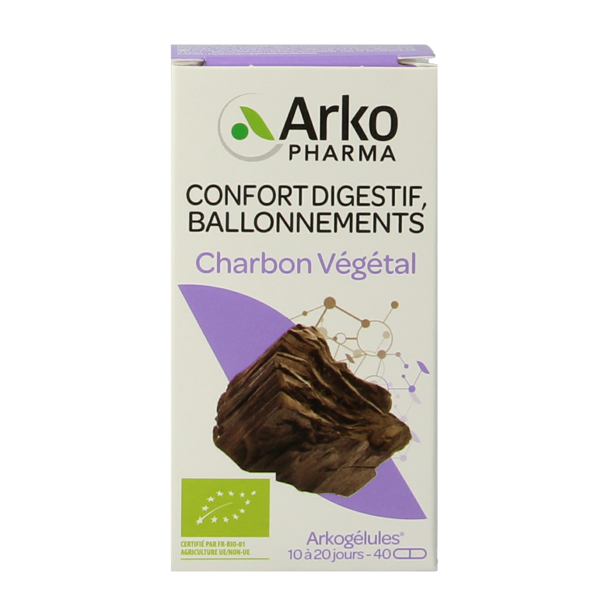 Arkocaps Plantaardige Kool Bio capsules, herbal supplement in a clear bottle with a white cap, showing 40 capsules inside.