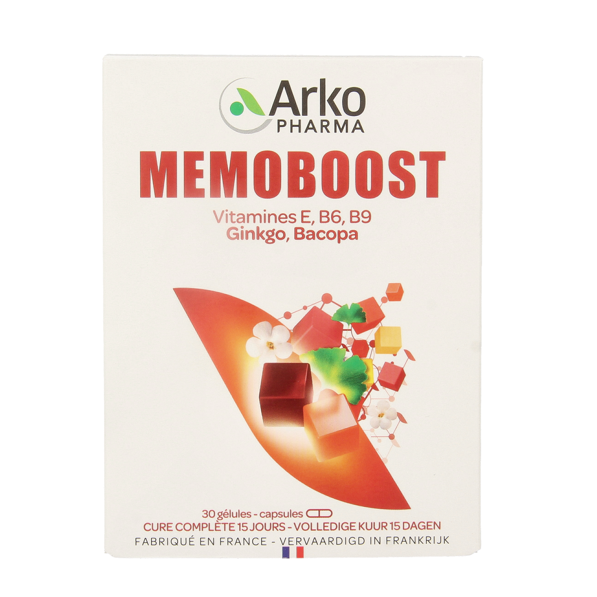 Arkopharma Memoboost herbal capsules in a blister pack, dietary supplement for memory and cognitive support.