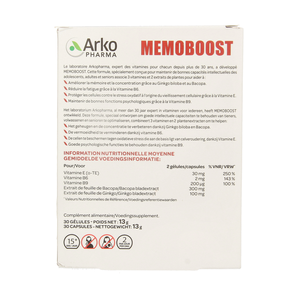 Arkopharma Memoboost herbal supplement capsules, 30-count, featuring natural ingredients for memory support.