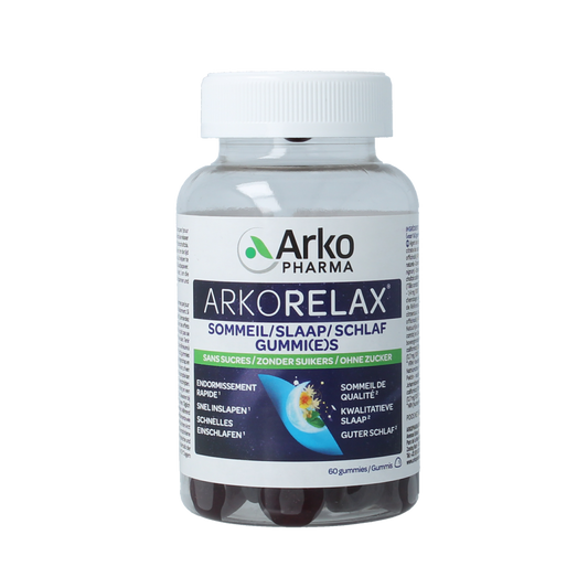 Arkorelax Slaap 60 gummies, herbal supplement, featuring natural ingredients in a colorful bottle with gummies inside.