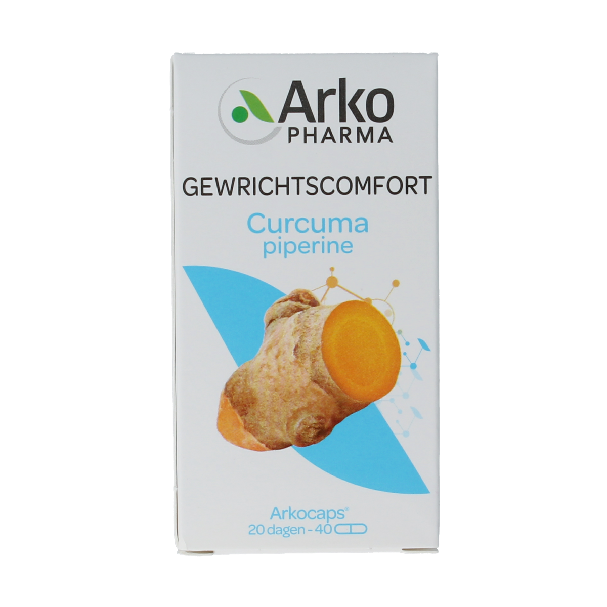 Arkocaps Curcuma capsules in a bottle, herbal supplement packaging from Arkocaps, featuring yellow and white label design.
