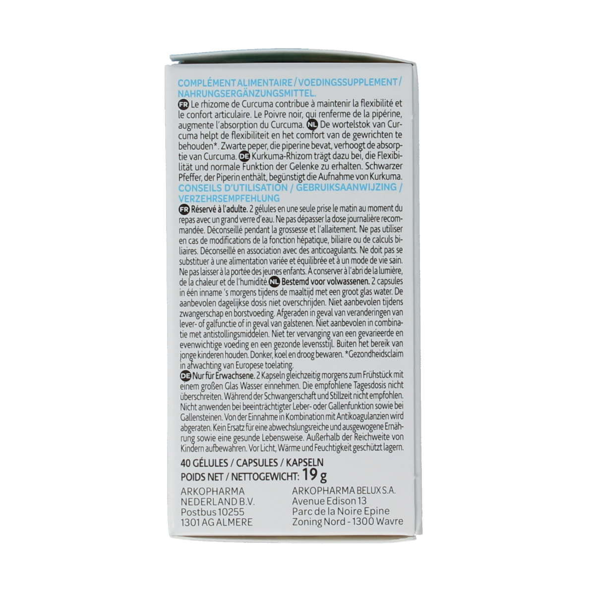 Arkocaps Curcuma capsules in a bottle, herbal supplement for health, from the Arkocaps brand.