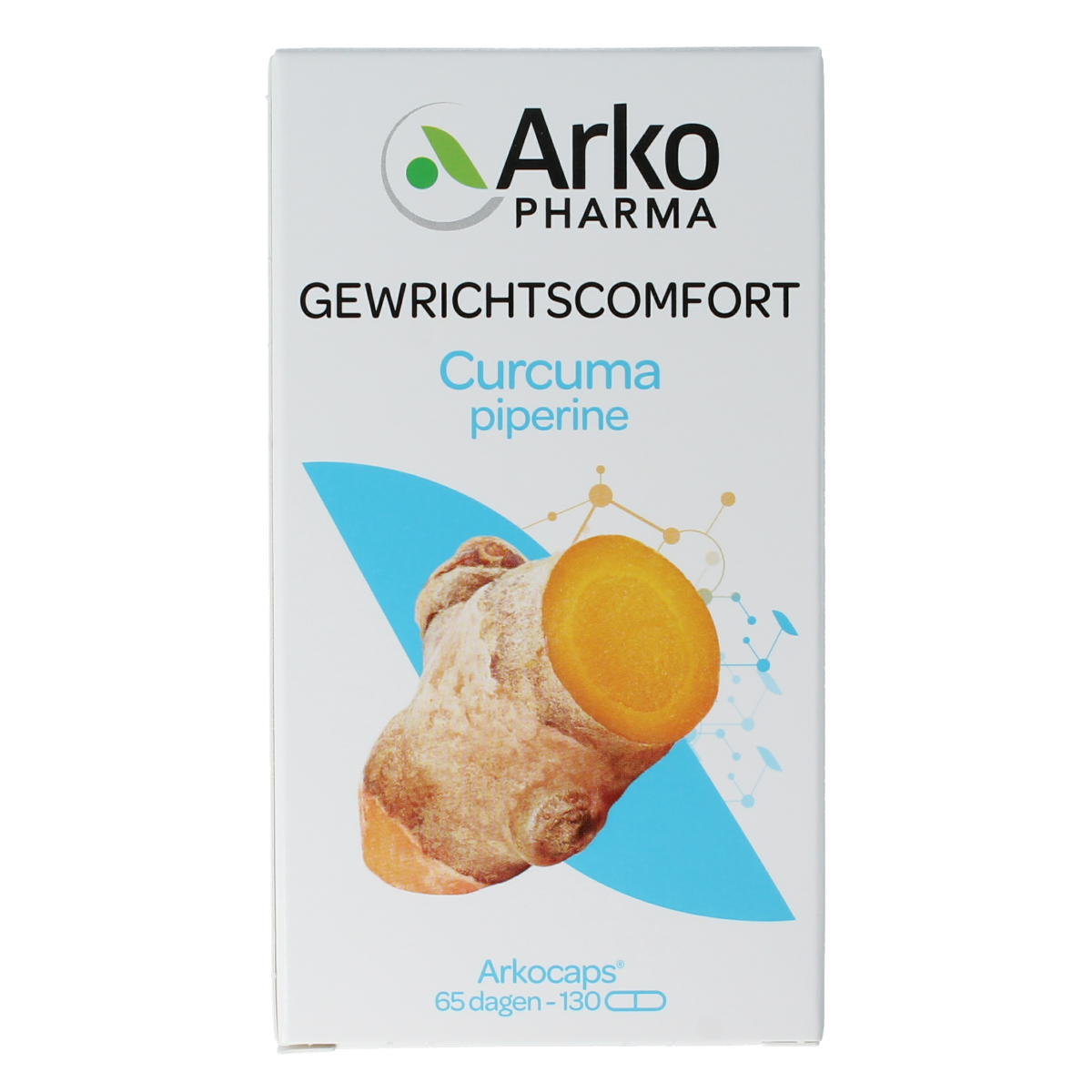 Arkocaps Curcuma capsules in a bottle, herbal supplement by Arkocaps, featuring bright yellow capsules on a white background.