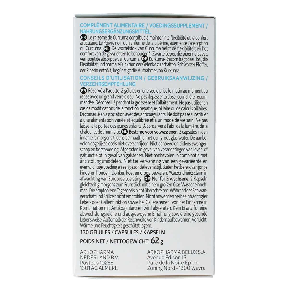 Arkocaps Curcuma capsules in a white bottle with label, natural herbal supplement for wellness and digestion.