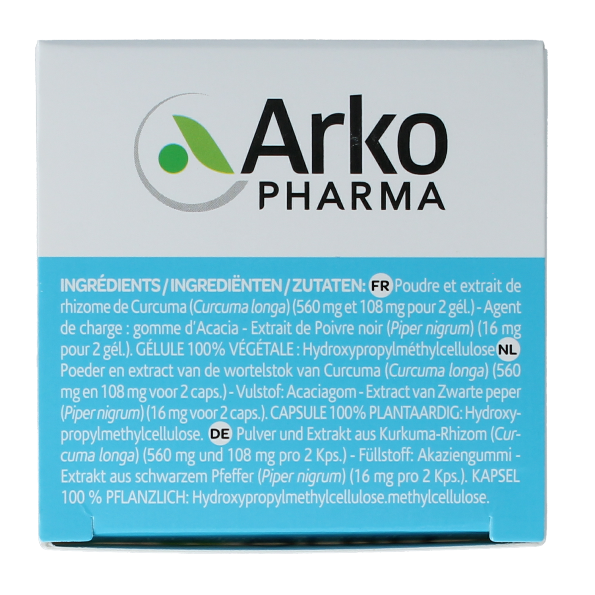 Arkocaps Curcuma capsules in a bottle, herbal supplement by Arkocaps, with turmeric root imagery on the label.