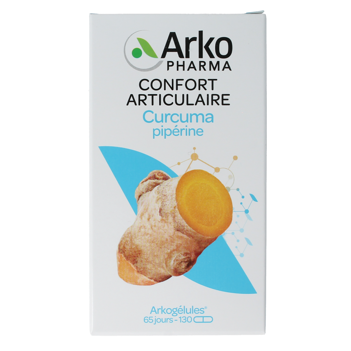 Arkocaps Curcuma capsules in a clear bottle, showing the yellow capsules inside, part of the herbal supplement range by Arkocaps.