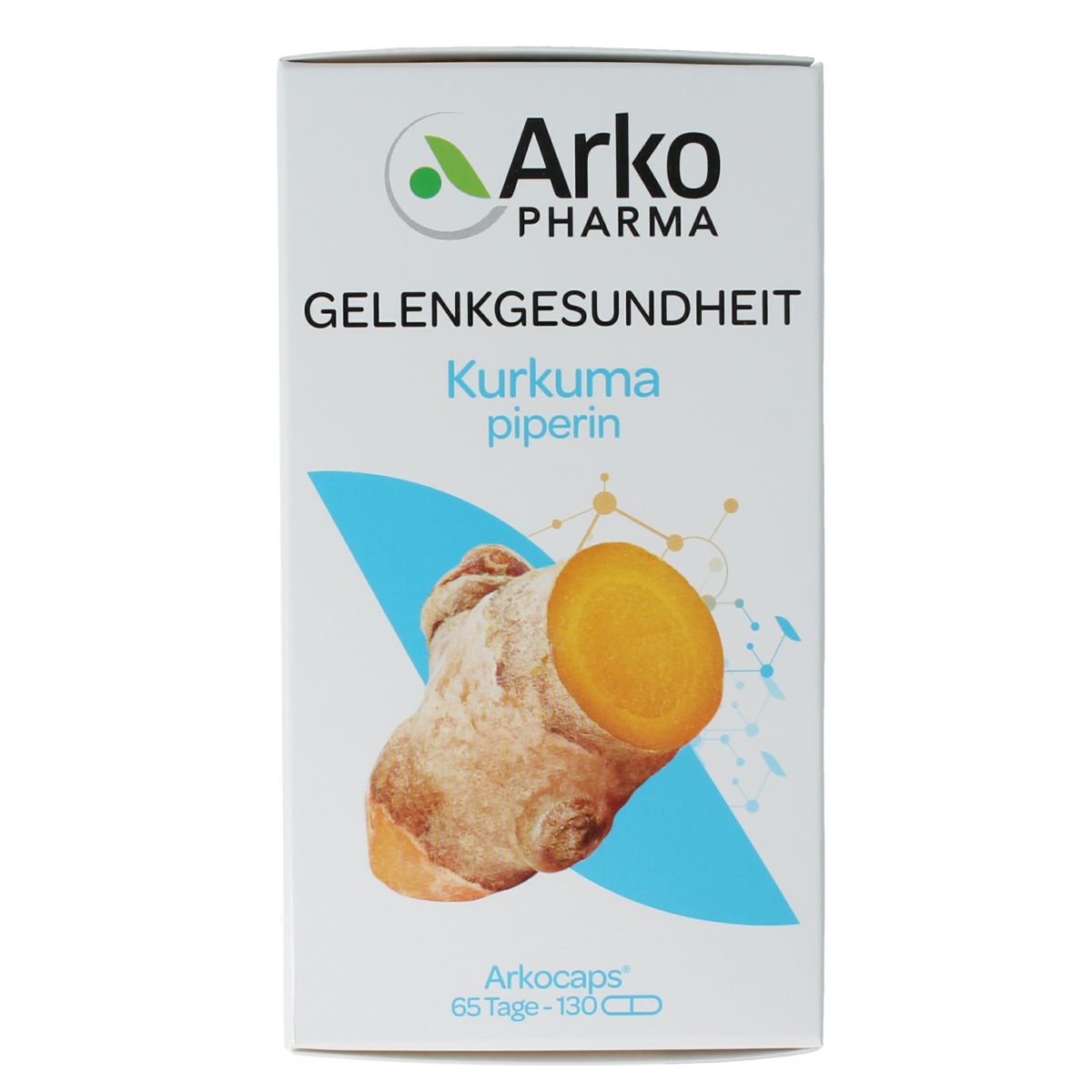 Arkocaps Curcuma capsules in a blister pack, herbal supplement for health, with turmeric root imagery on the packaging.