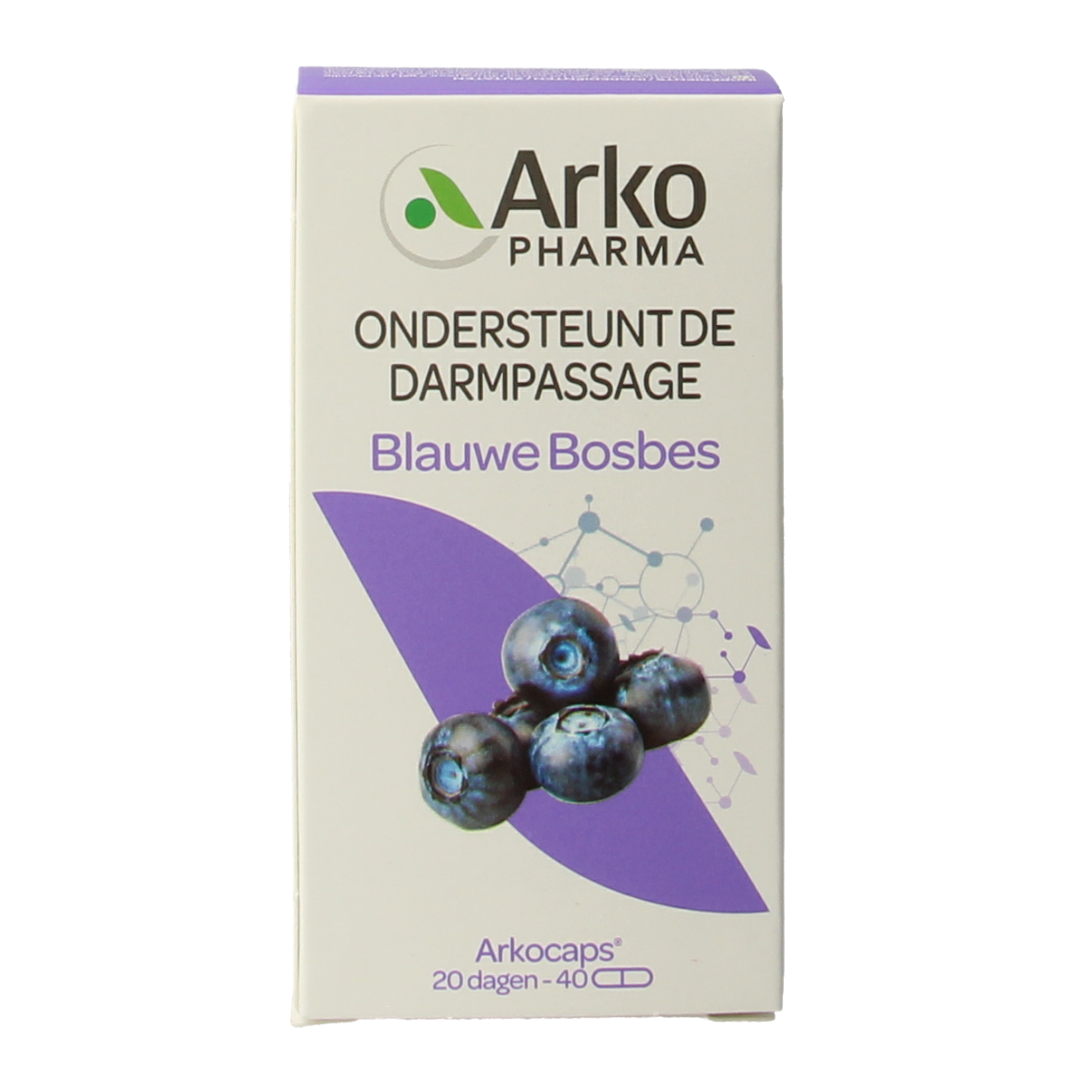 Arkocaps Blauwe bosbes capsules in a bottle, herbal supplement from Arkocaps, featuring blue berries for health support.