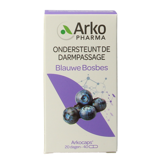 Arkocaps Blauwe bosbes capsules in a bottle, herbal supplement from Arkocaps, featuring blue berries for health support.
