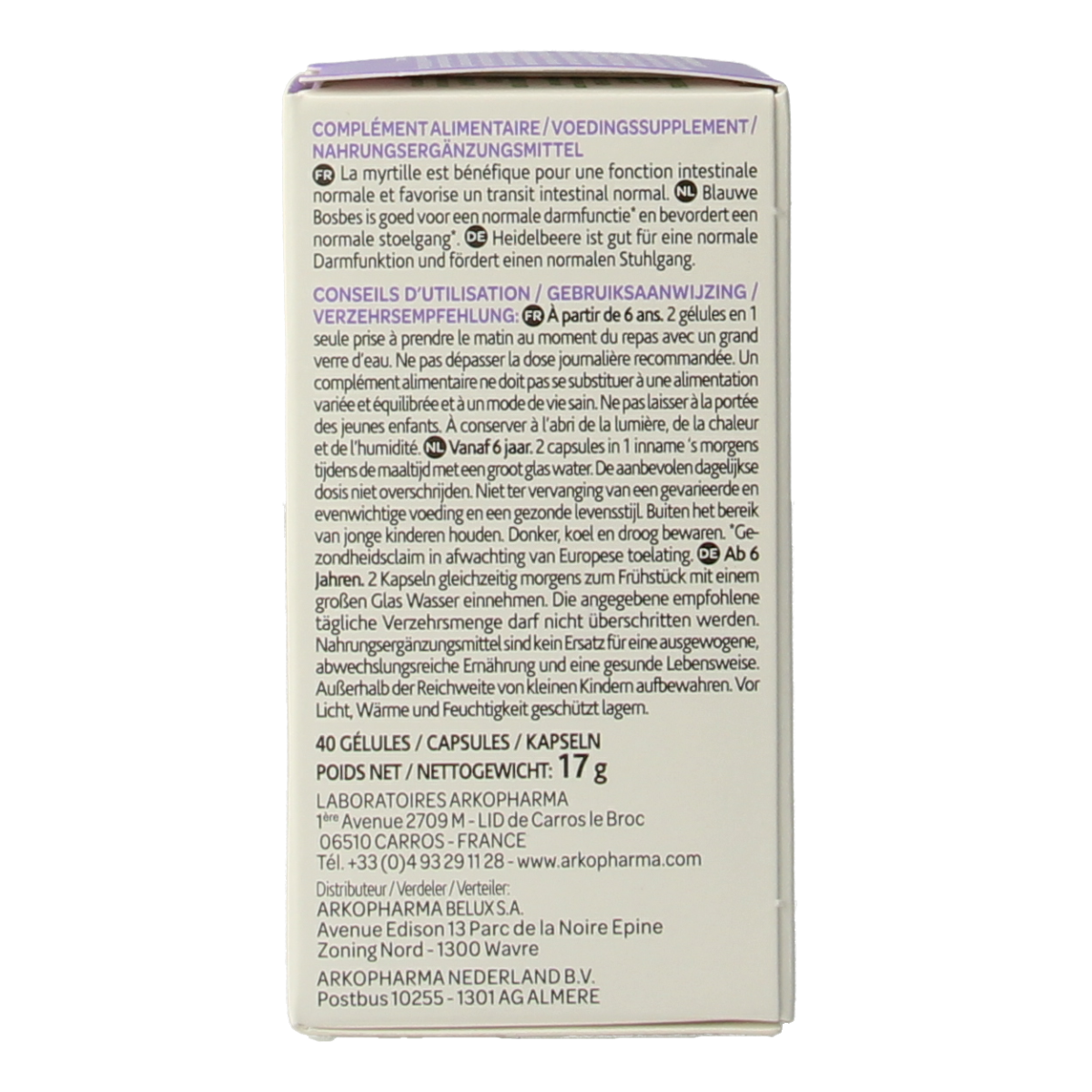 Arkocaps Blauwe Bosbes capsules in a bottle, herbal supplement for health and wellness, produced by Arkocaps.
