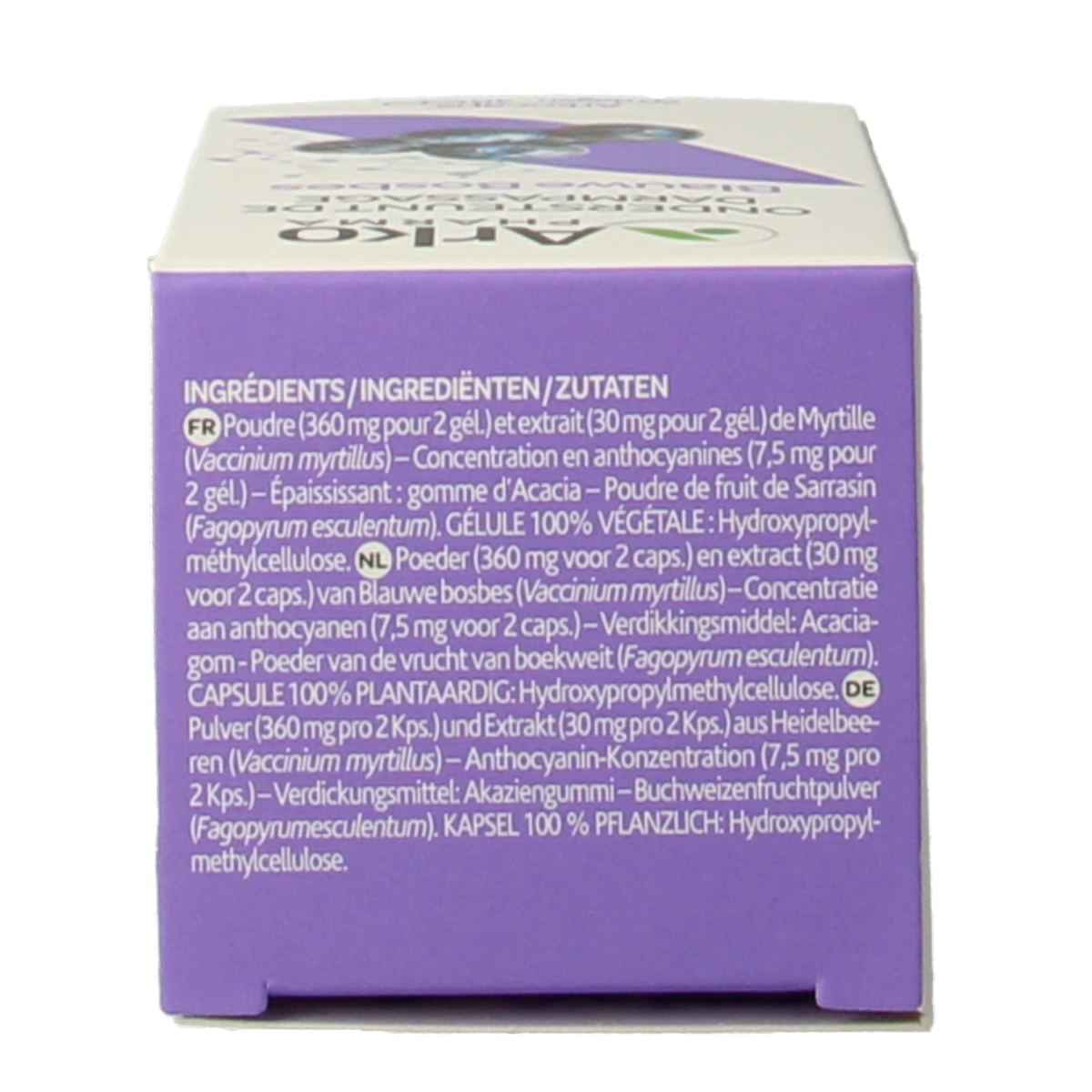 Arkocaps Blauwe Bosbes capsules, herbal supplement by Arkocaps, showing a bottle of blue blueberry herbal capsules.