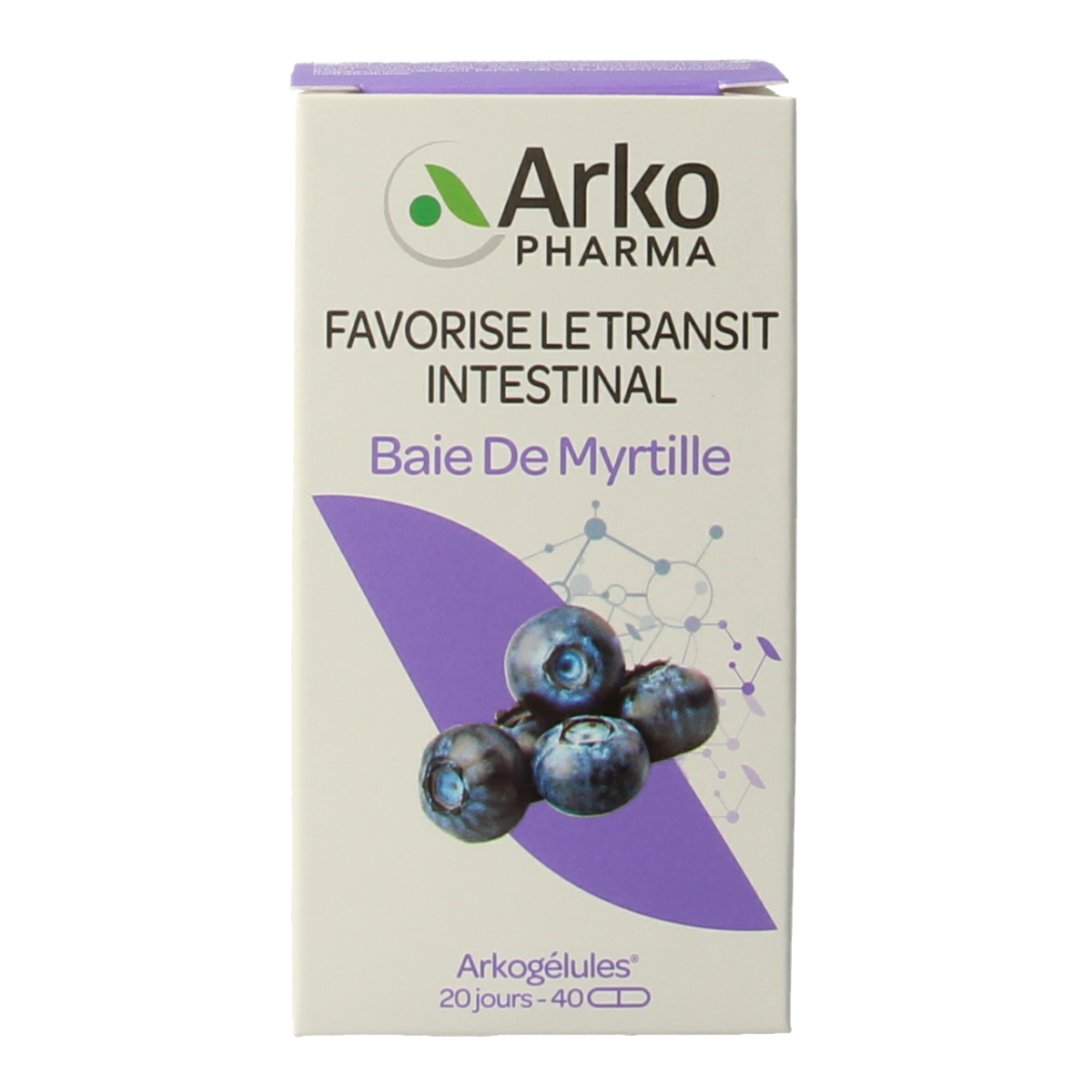 Arkocaps Blauwe bosbes capsules, herbal supplement in a clear bottle, showing blue berry capsules and label.