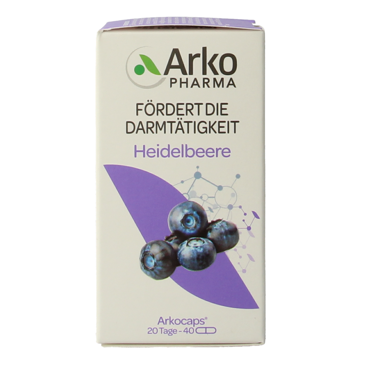 Arkocaps Blauwe bosbes capsules, herbal supplement, showing a bottle with blue berry extract capsules in packaging
