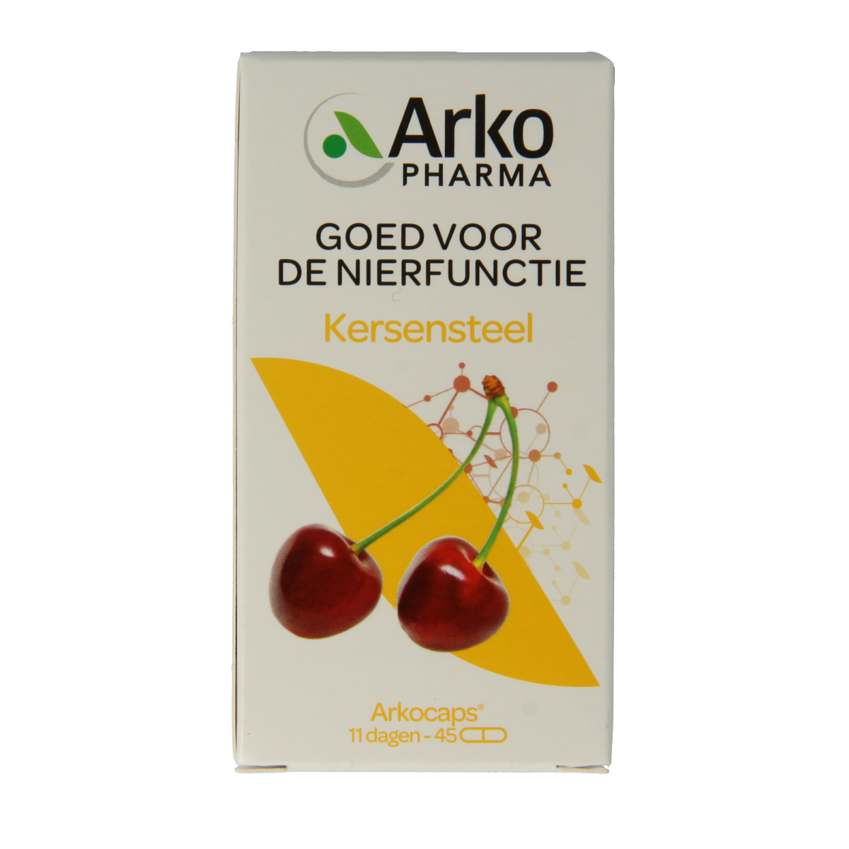 Arkocaps Kersensteel herbal supplement capsules in a clear container, showcasing the Arkocaps brand and 45 capsules.