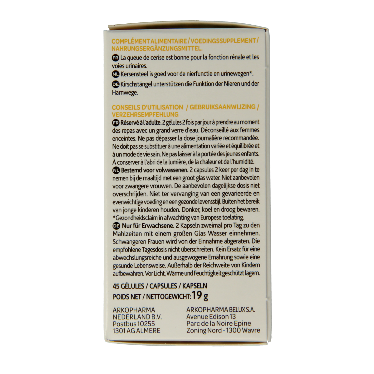 Arkocaps Kersensteel herbal supplement capsules in a white bottle with a label showing cherries and herbal ingredients.