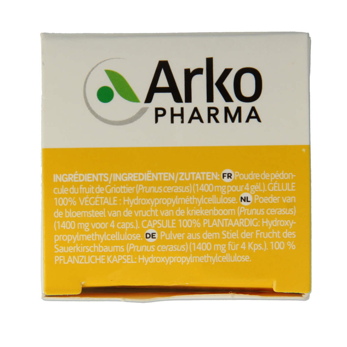 Arkocaps Kersensteel herbal capsules in a blister pack, designed for herbal supplement use, by Arkocaps.
