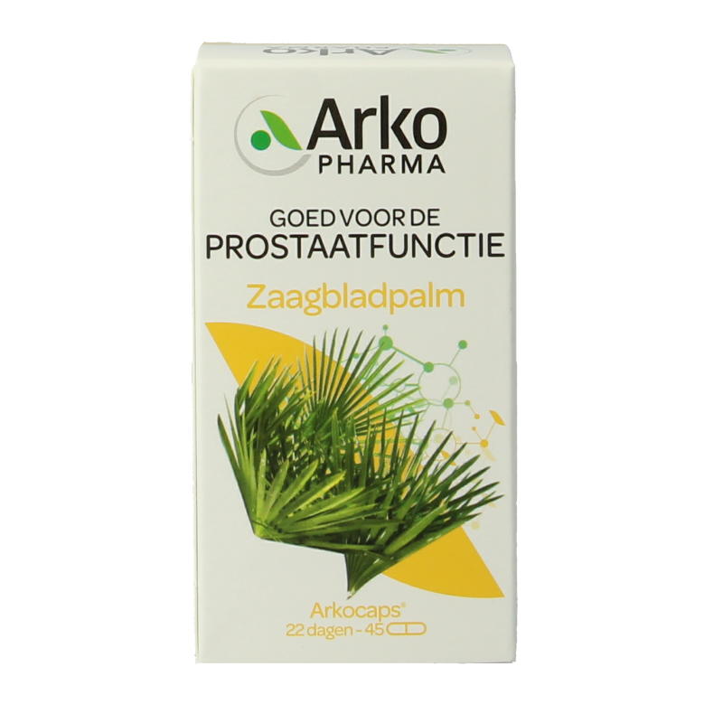 Arkocaps Zaagbladpalm 45 capsules, herbal supplement in a blister pack, with green and white packaging featuring plant imagery.