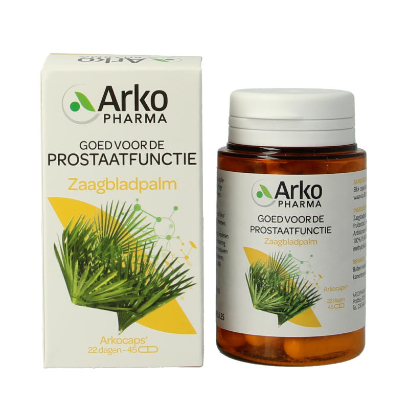 Arkocaps Zaagbladpalm 45 capsules, herbal supplement in a bottle, with label showing capsules and herbal imagery.