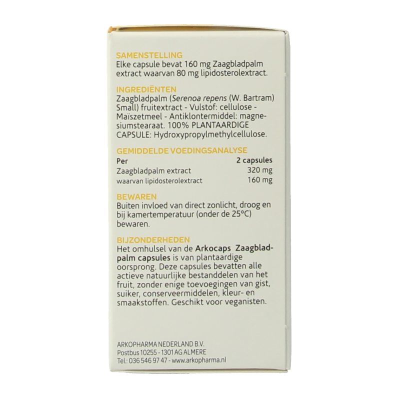 Arkocaps Zaagbladpalm 45 capsules, herbal supplement in a white bottle with a green label, showing capsules inside.
