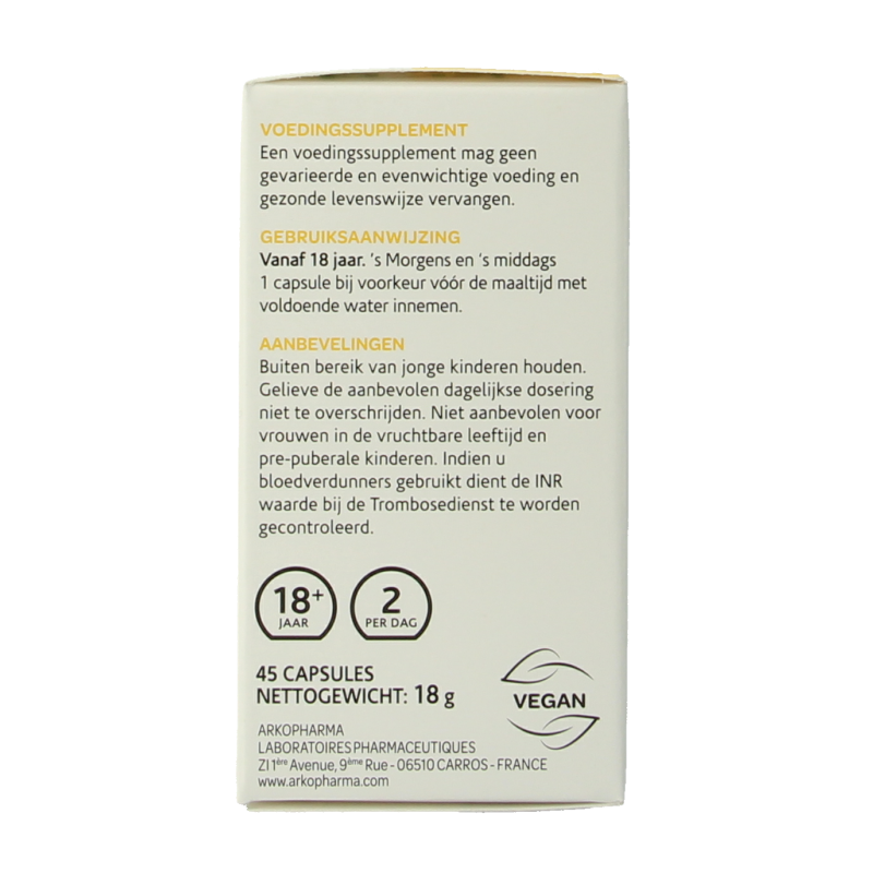 Arkocaps Zaagbladpalm 45 capsules of herbal supplement in a clear bottle with a white label and green cap.