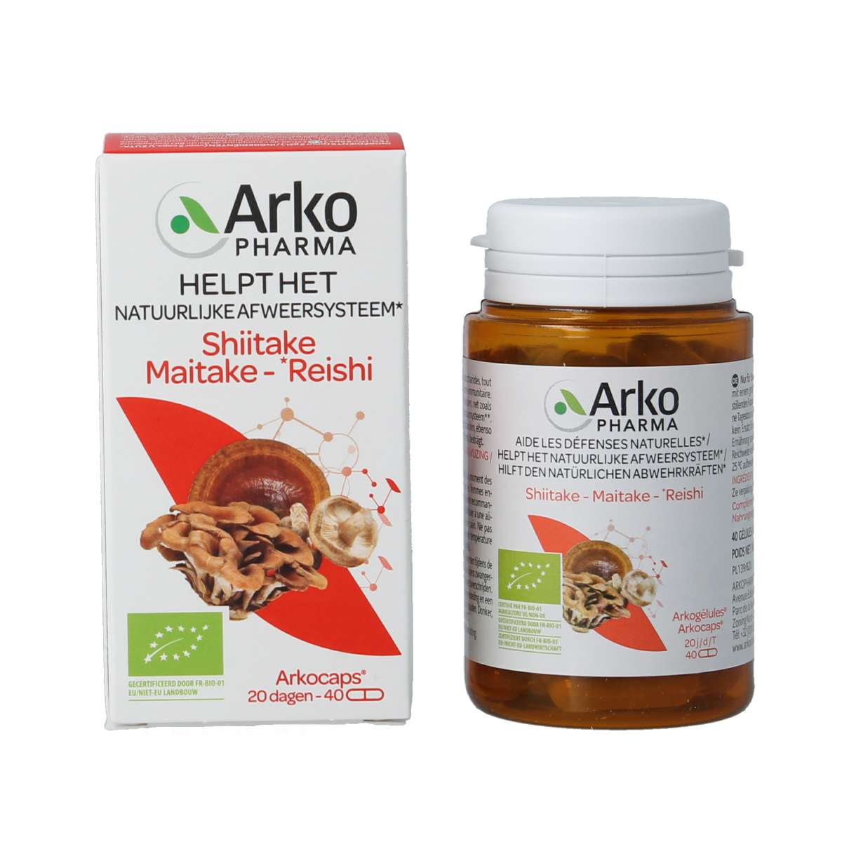 Arkocaps Reishi, Shiitake, Maitake organic mushroom capsules in a bottle, herbal supplement by Arkocaps.