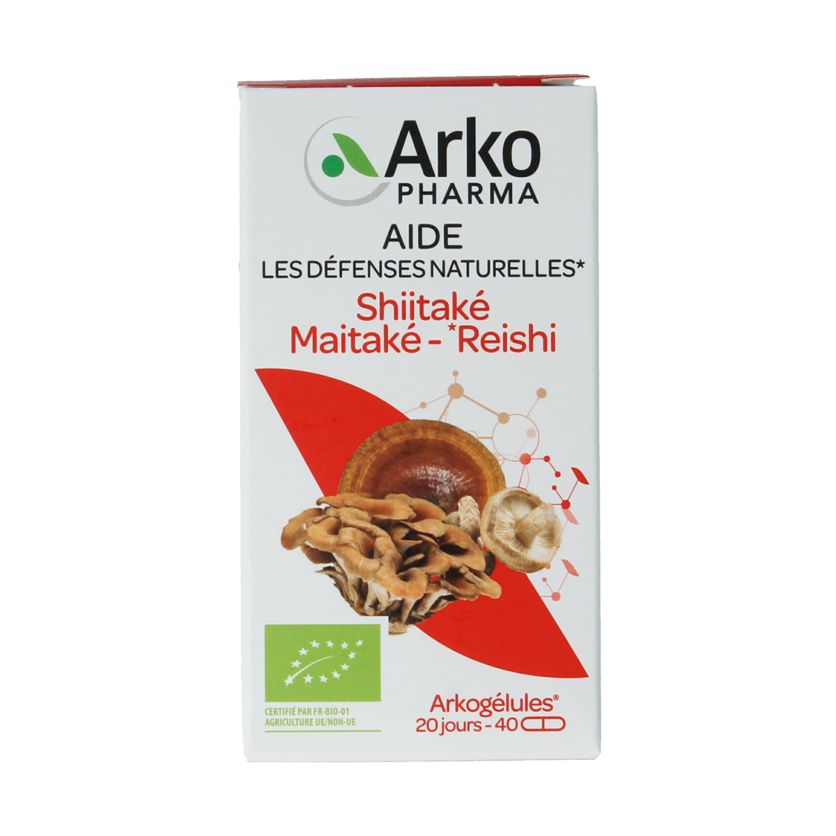 Arkocaps Reishi, Shiitake, Maitake organic mushroom supplement capsules in a bottle.
