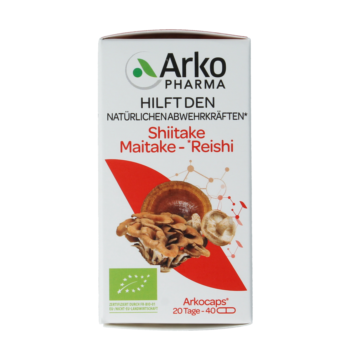 Arkocaps Reishi, Shiitake, Maitake organic mushroom capsules, herbal supplement in a white bottle with capsules visible
